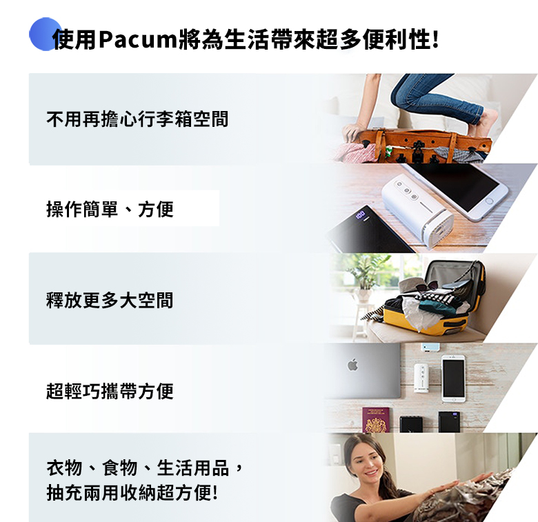 輕巧口袋型行李壓縮器｜Pacum，極致真空抽充兩用收納機，行李收納新手的救星～快速、好用、立刻節省行李空間