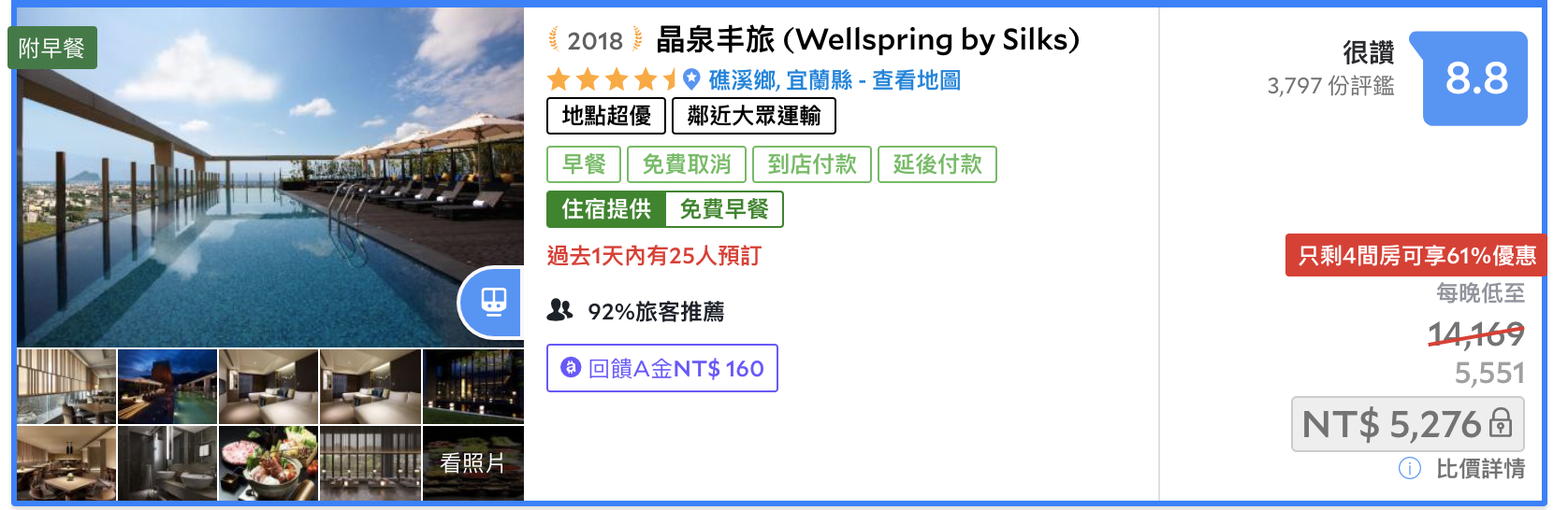 暑假遊晶華＋礁溪，7800元起～不含早餐、送牛排～晶華假日不加價～