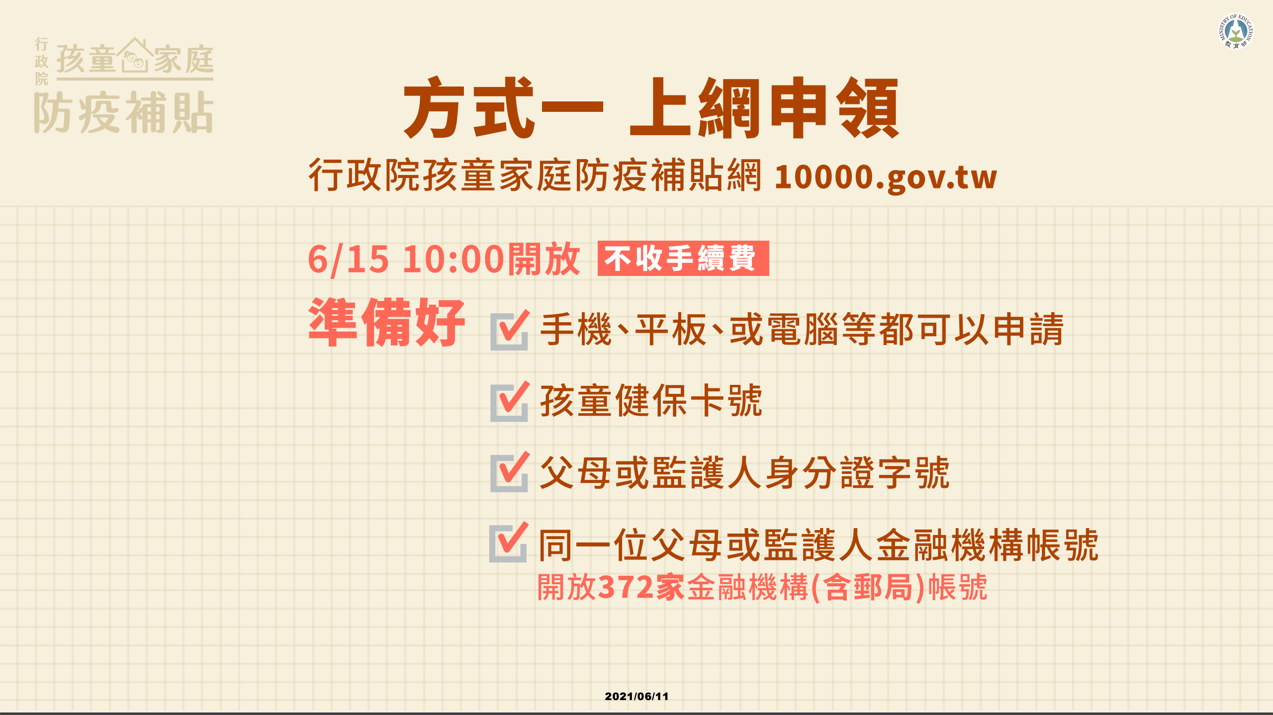 孩童家庭防疫補貼，6/15~9/30線上申請，30秒可完成