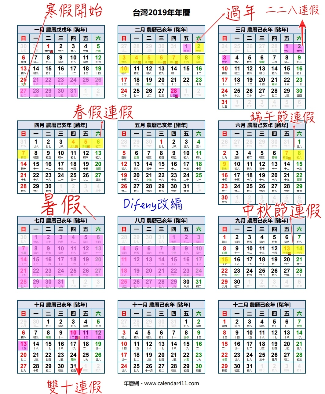 2019/108年過年假期時間，108年行事曆及預測中小學生寒暑假日期～補上日本2019假期～