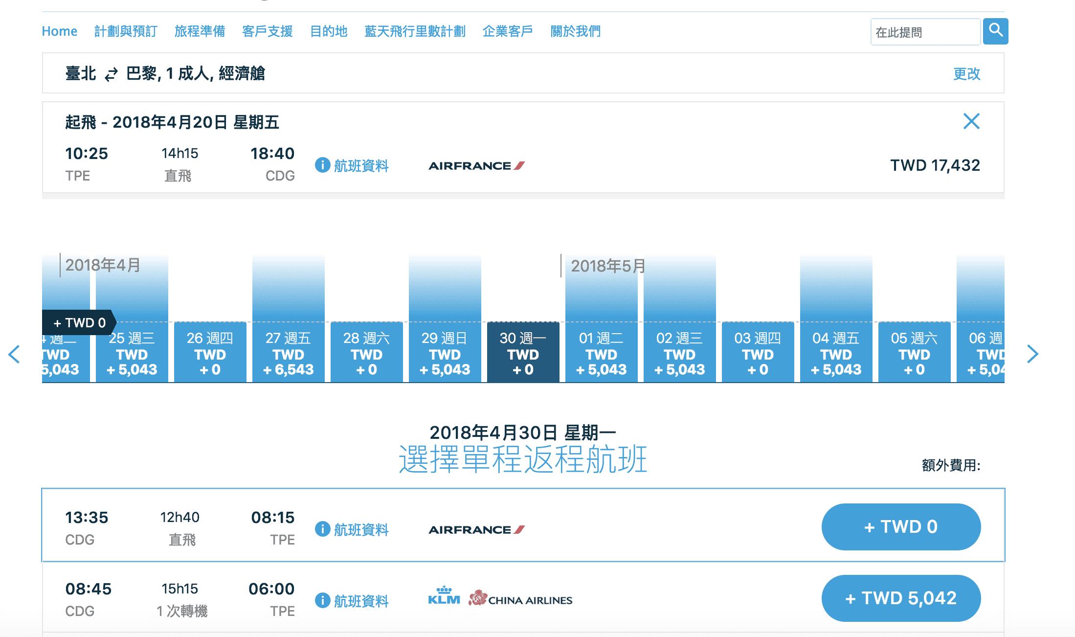 法航直逼台灣歐洲航線最低價，指定期間台北出發經巴黎轉歐洲，最低16K！（查票日期：107.3.2）