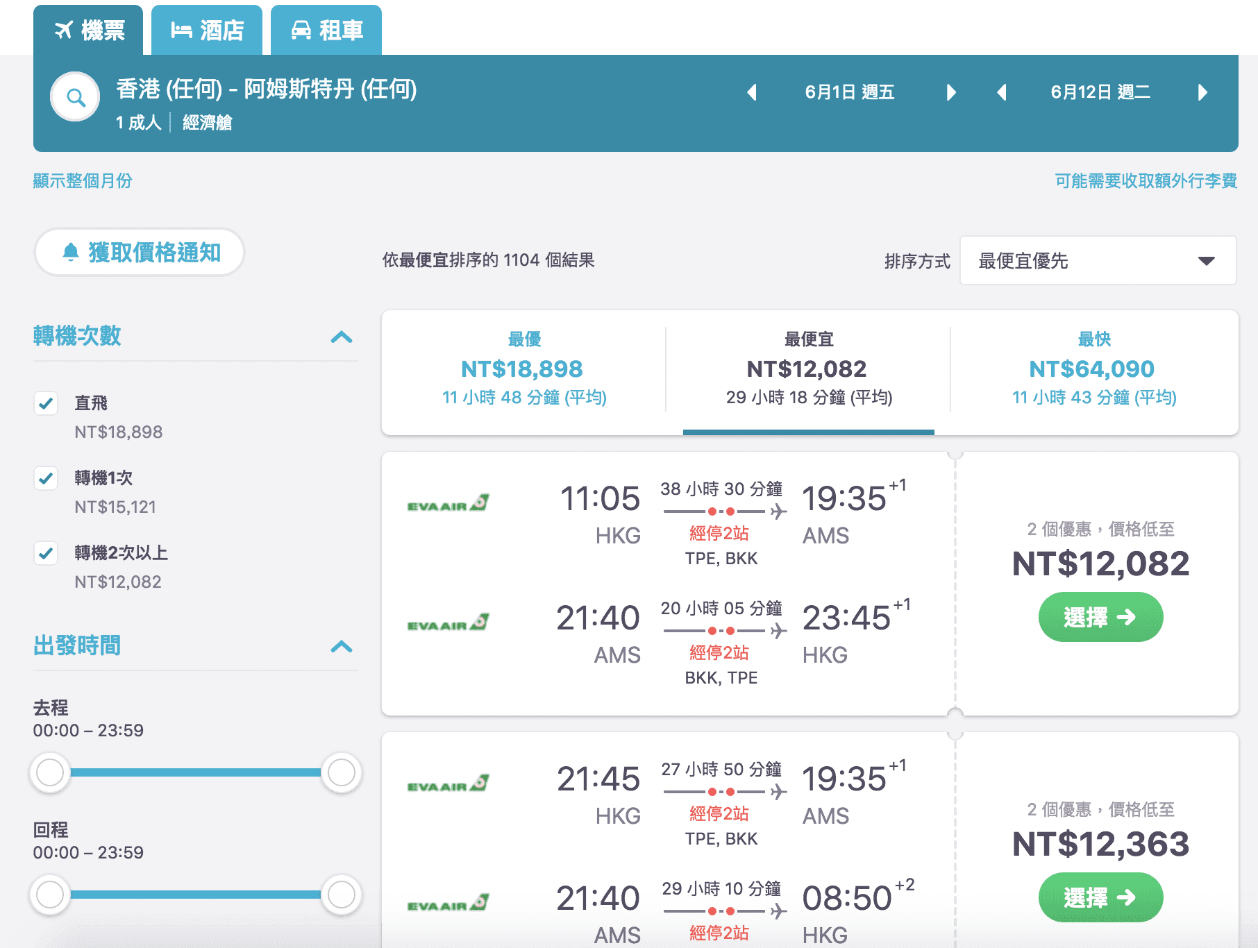 六月底前長榮歐洲外站特價機票～最低12K（查價日期：107.3.17）