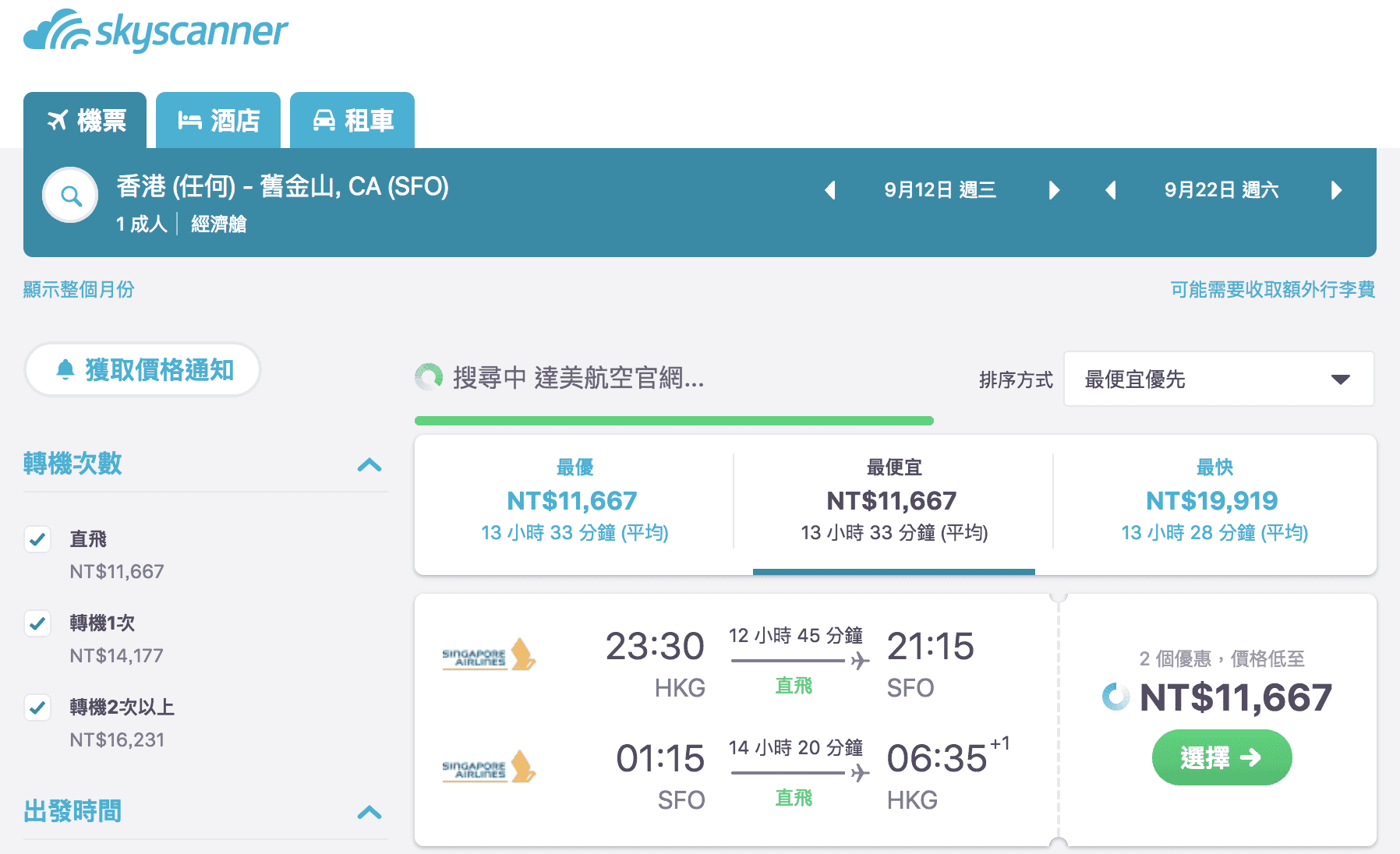 新加坡航空，香港直飛舊金山，最低只要11667元～夢幻新航直飛不中停喔～外站出發優惠～（查票日期：107.4.15)