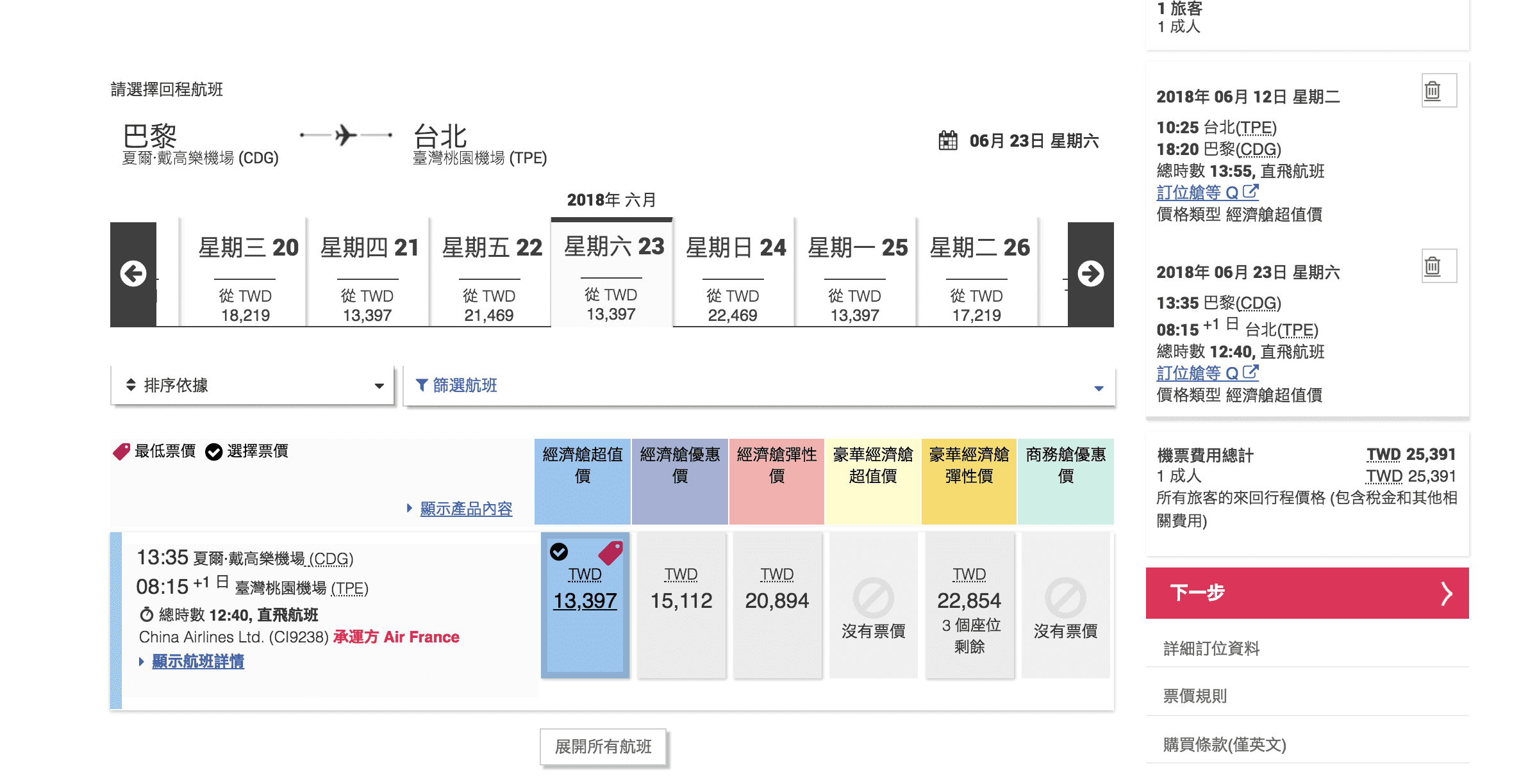 華航直飛巴黎/法國航空原機飛行，明年冬天最低22K～(查價：107.5.8)