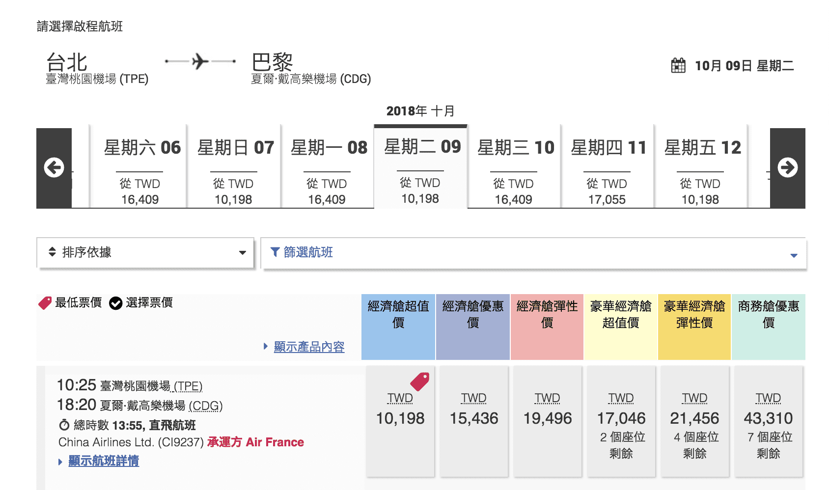 華航/法航共營直飛巴黎航班特價，9~12月最低21K起～（查票日期：107.6.6）