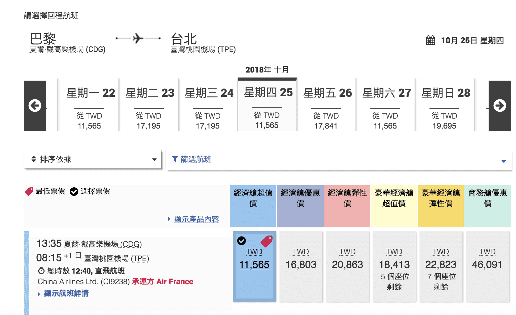 華航/法航共營直飛巴黎航班特價，9~12月最低21K起～（查票日期：107.6.6）