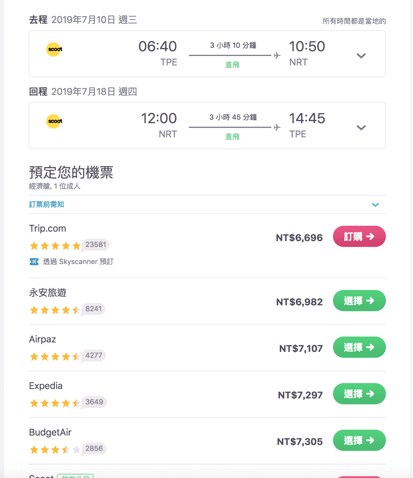 到底官網跟OTA訂票過程以及票價落差在哪裡？2019台北東京暑假機票，酷航可以考慮唷（查票：107.9.2）