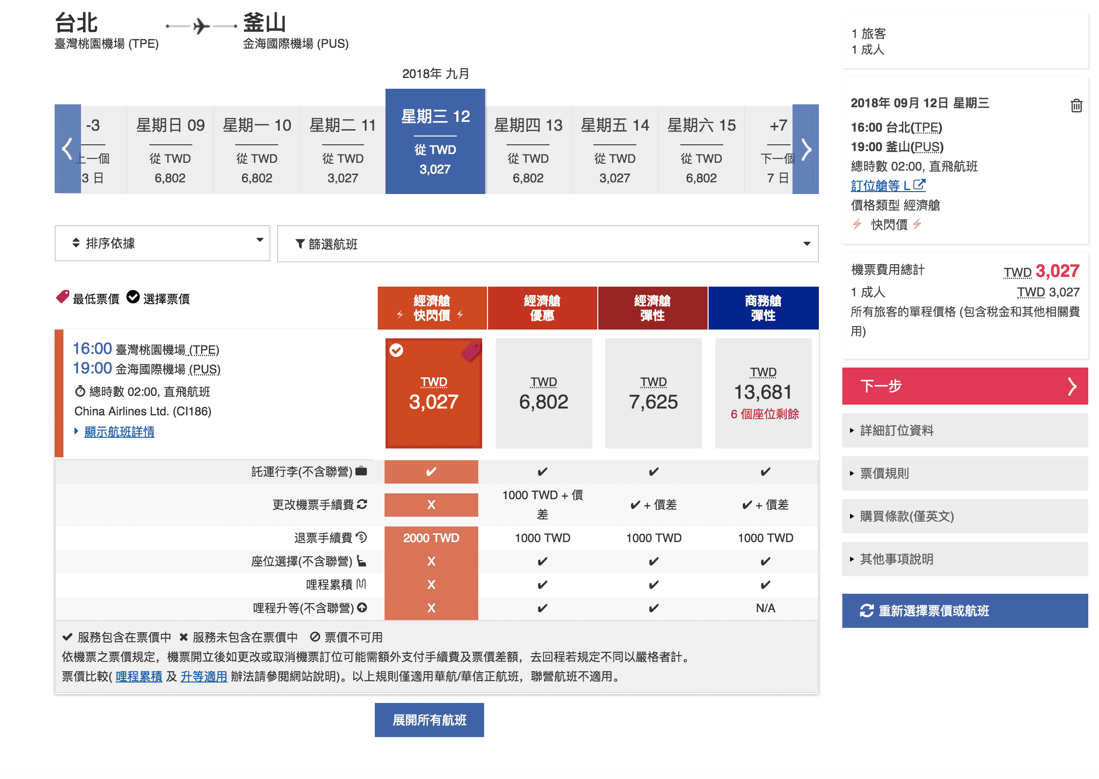 華航9月單程特價，台北/台中/高雄出發–日本、韓國線，限定日期皆有票～（查票：107.9.6）