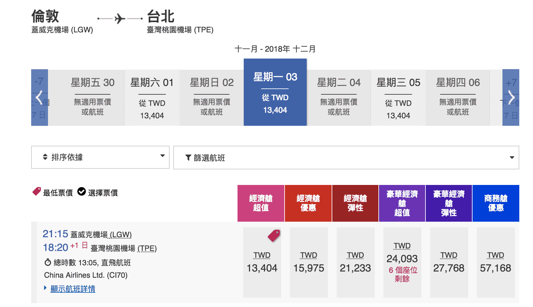 台北倫敦「直飛」華航特價，3月前都有23K喔～（查票： 107.9.9）