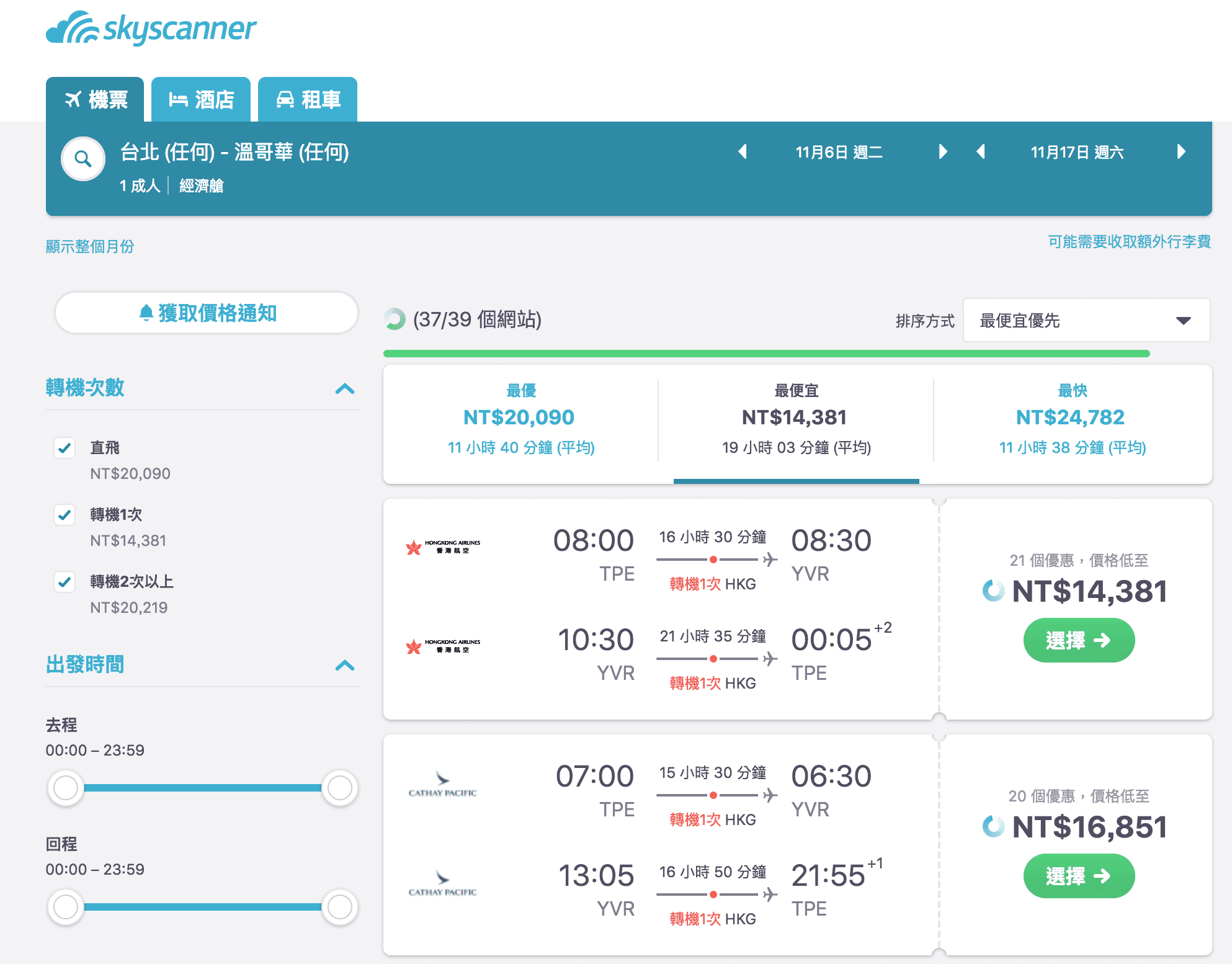 台北溫哥華促銷，香港航空14K起（查票：107.9.18）