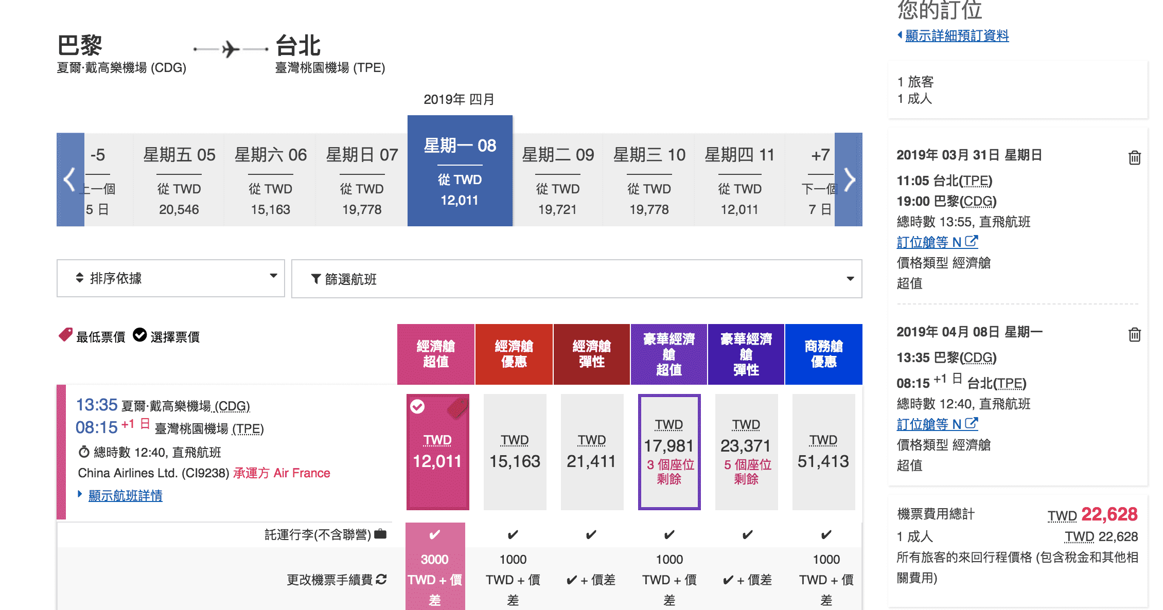 華航法航共迎直飛巴黎，22K，清明假期可～（查票：107.10.2）