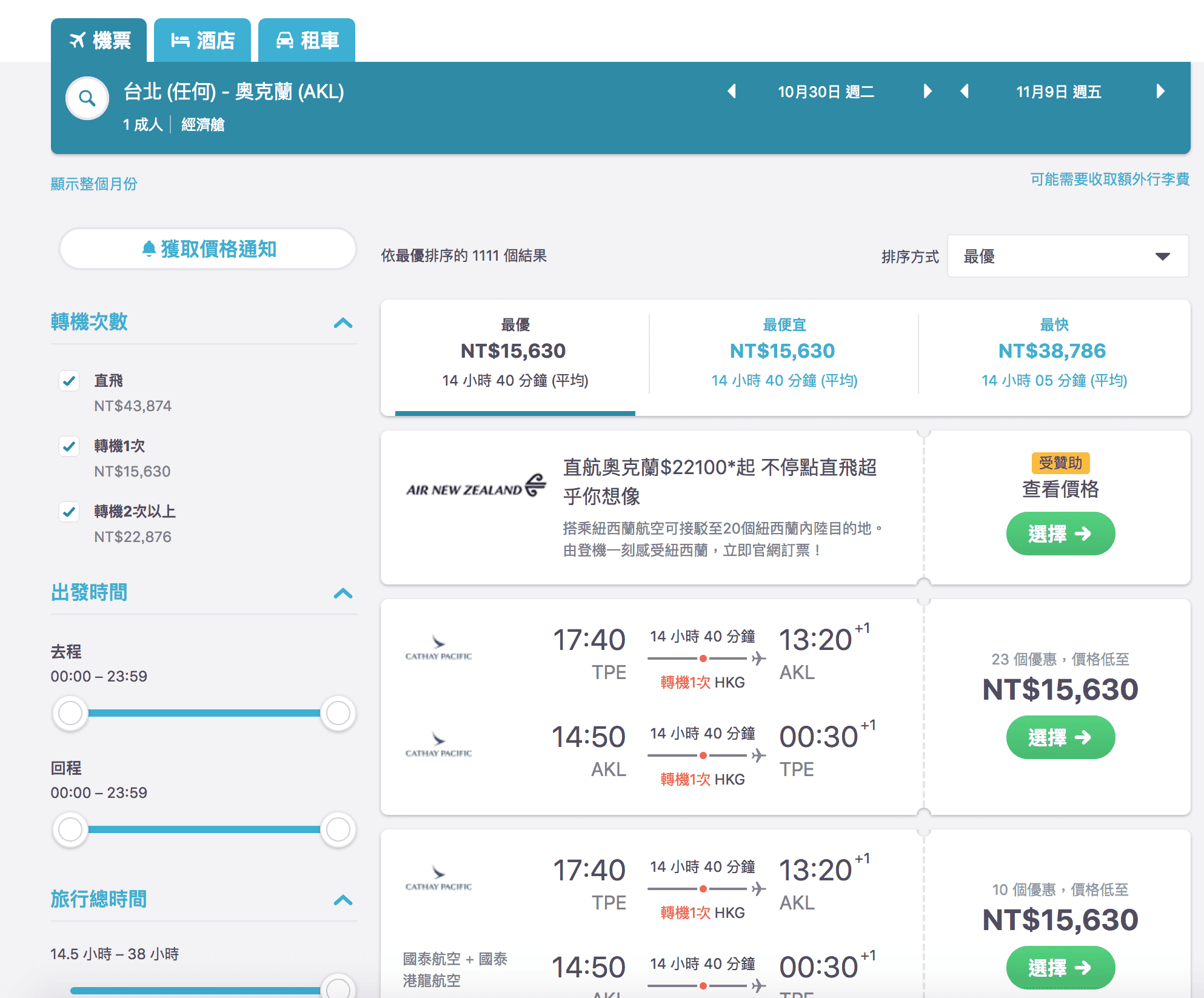 紐西蘭票價持續促銷～15K起～10~12月限定（查票：107.10.15）