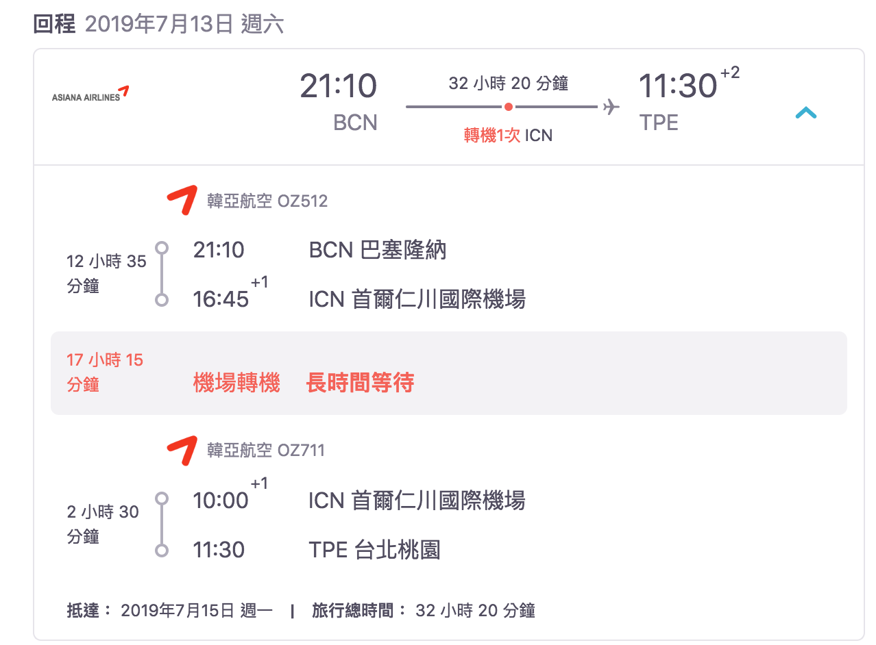 西班牙機票參考票價，韓亞航暑假7月票價，台北中轉首爾23K起可下手～5~9月都有票喔（查票：107.10.31）