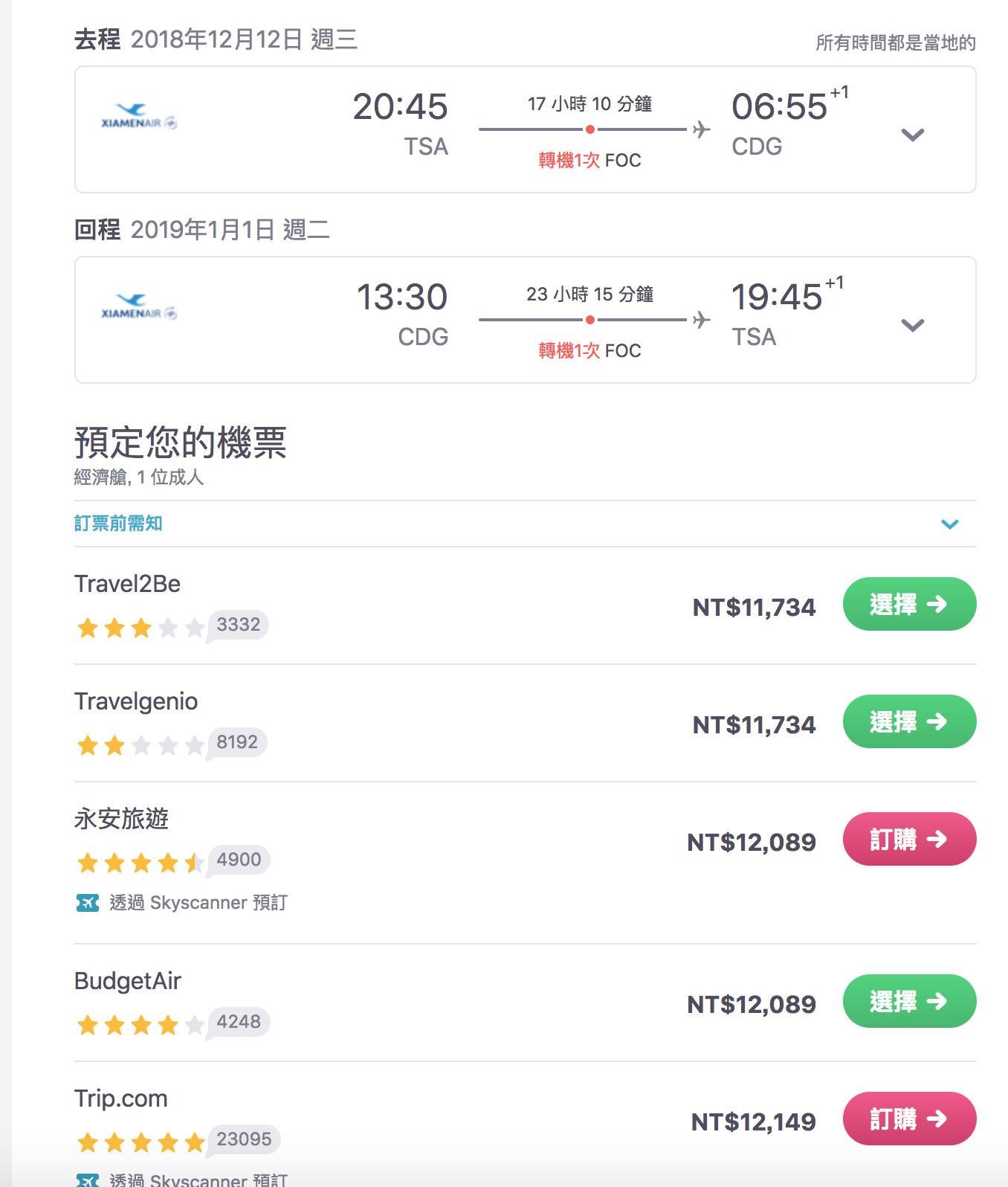 廈門航空大促銷，桃機/松山飛巴黎來回，最低只要11K…..（查票：107.11.4）