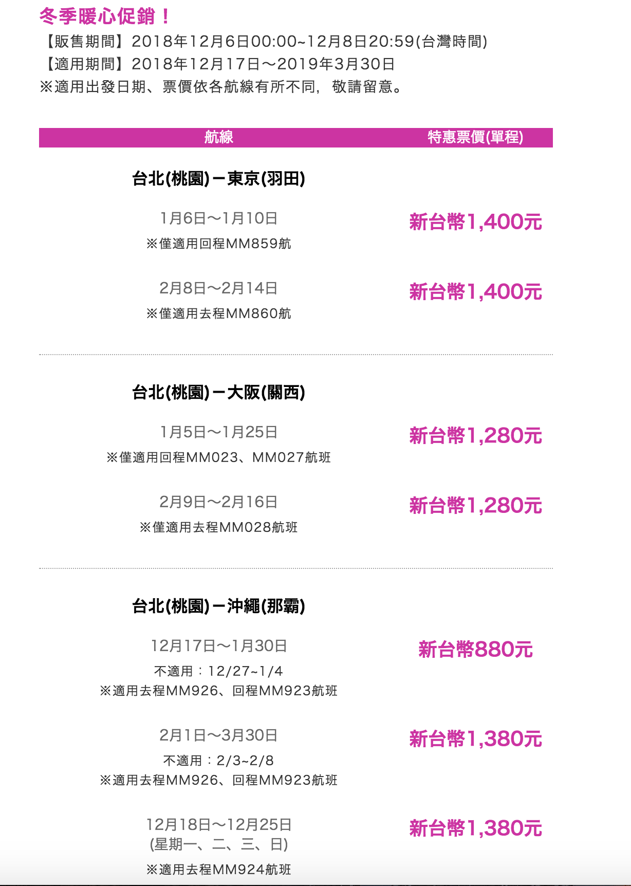 樂桃航空冬季最後促銷，單程最低880元～（查票：107.12.6）