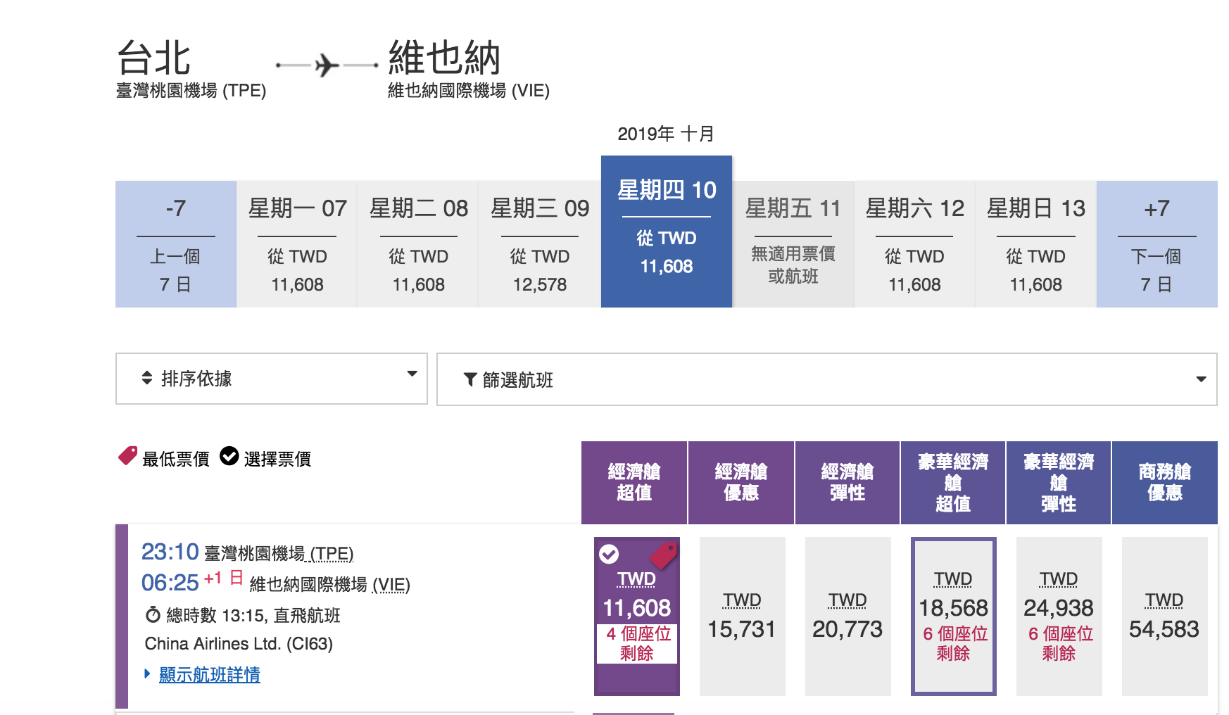 華航直飛維也納早鳥經濟艙促銷，來回直飛23K起～2019年10~12月都有票（查票：107.12.11）