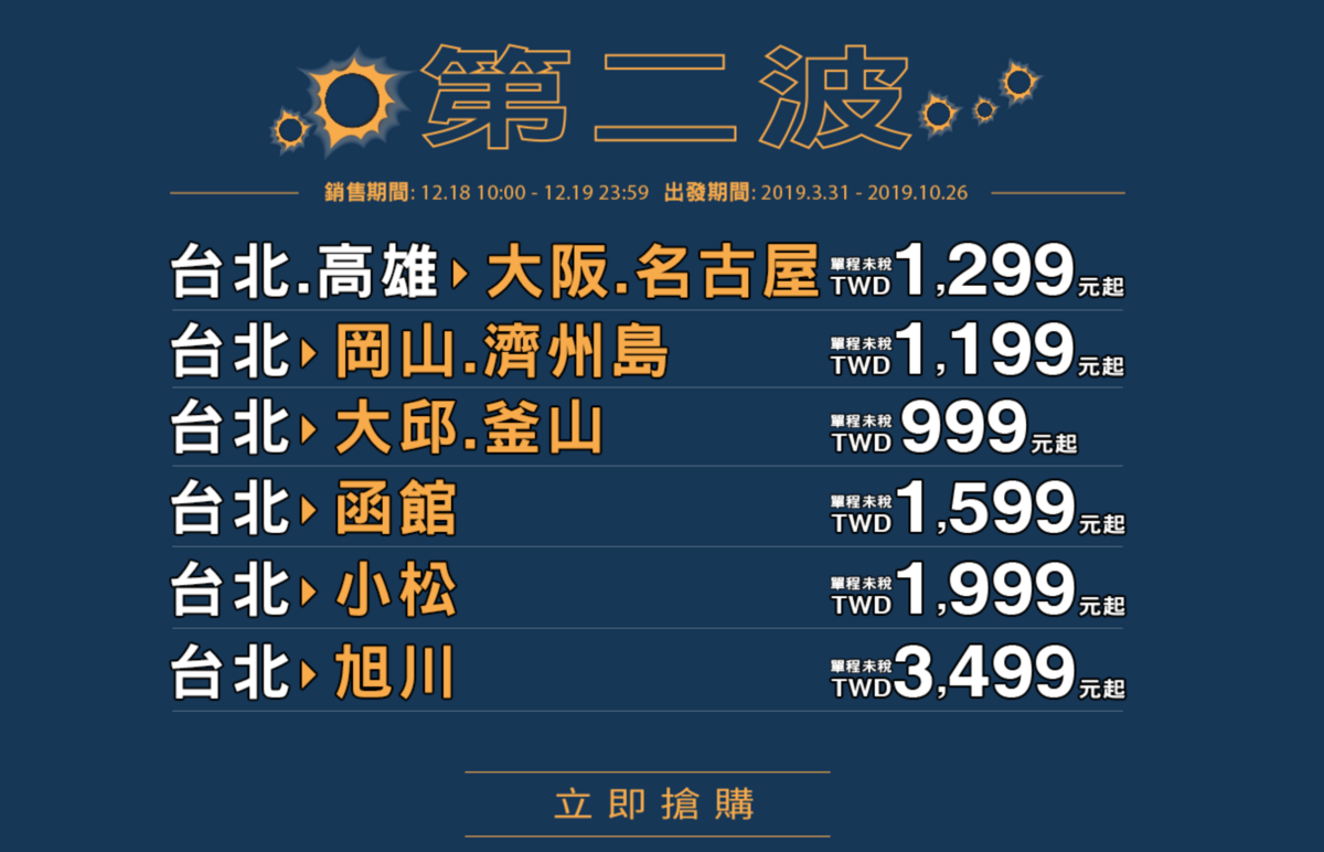 2019虎航第二波特價，大阪、名古屋特價，今天10點上場～單程999起，最低3K來回含稅（查票：107.12.18） @走走停停，小燈泡在旅行