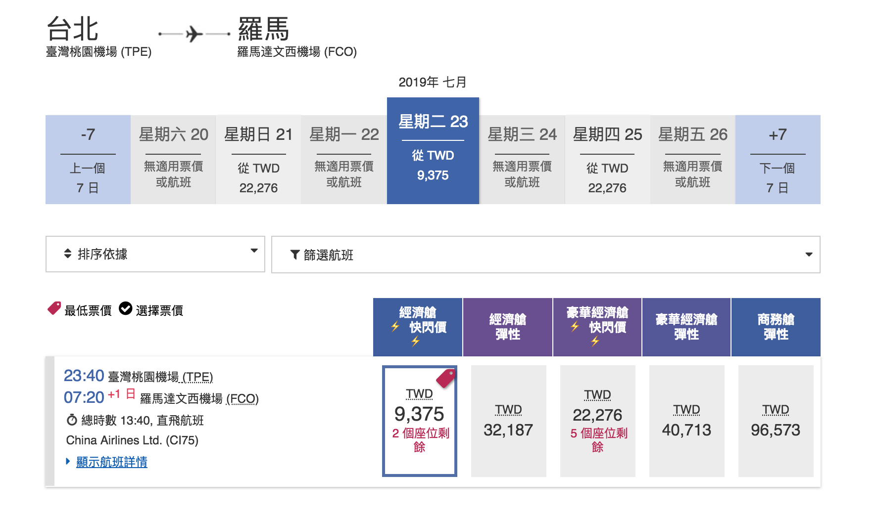 華航單程快閃特價，羅馬線大爆發～九月之後的去程、回程都有票～2019秋冬去一趟義大利～（查票：107.12.28）