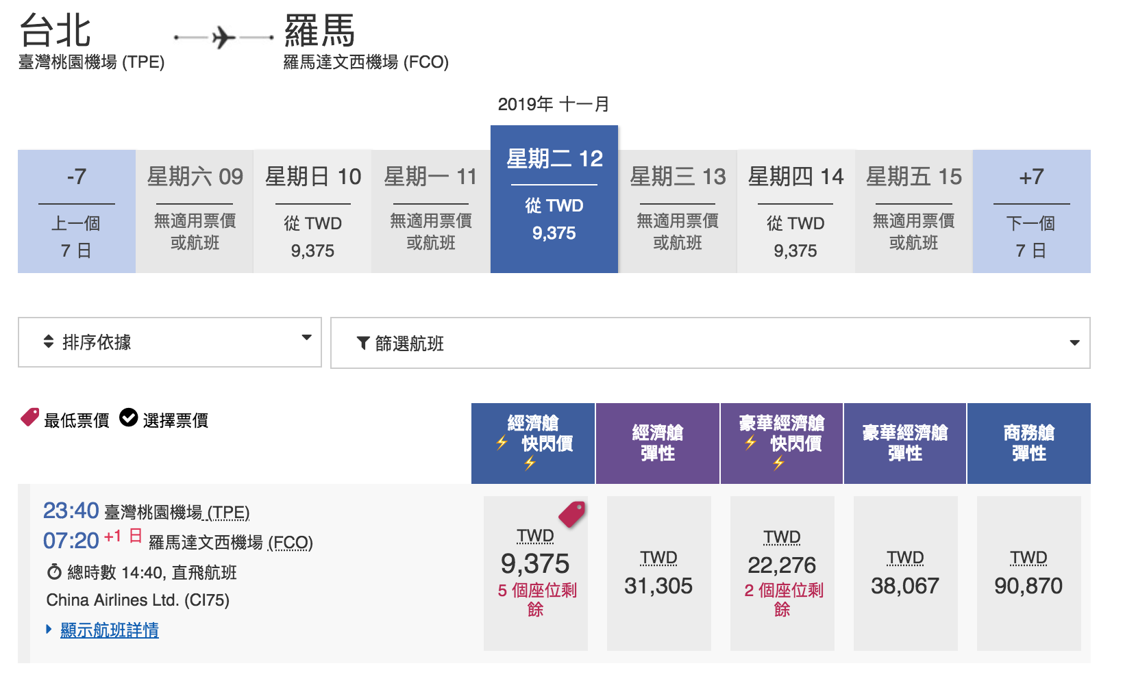 華航單程快閃特價，羅馬線大爆發～九月之後的去程、回程都有票～2019秋冬去一趟義大利～（查票：107.12.28）