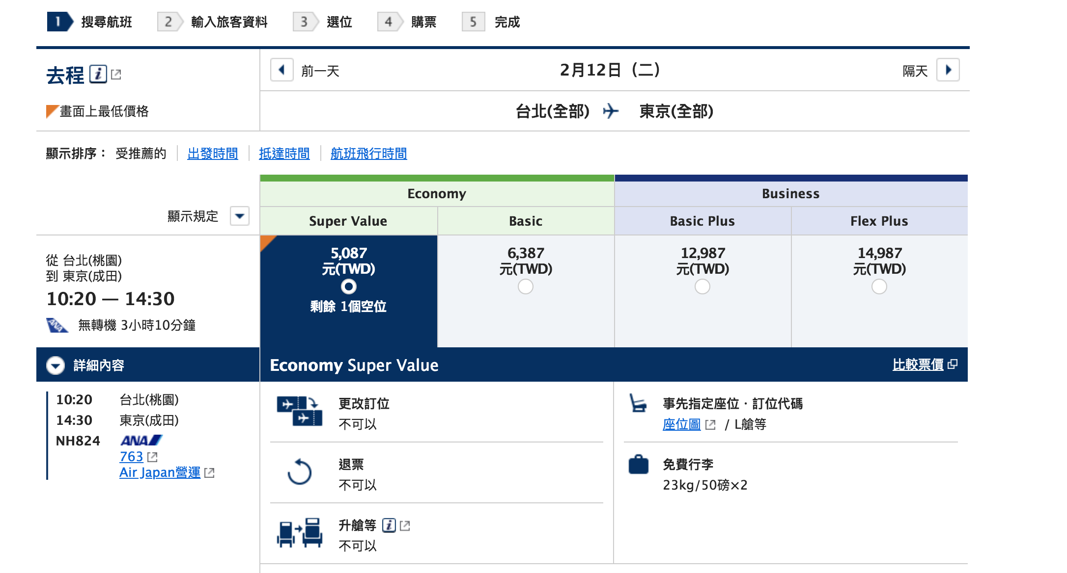 ANA特價，大阪東京福岡10K、46公斤行李量，星空聯盟、ANA哩程累積者可參考（查價：107.12.29）