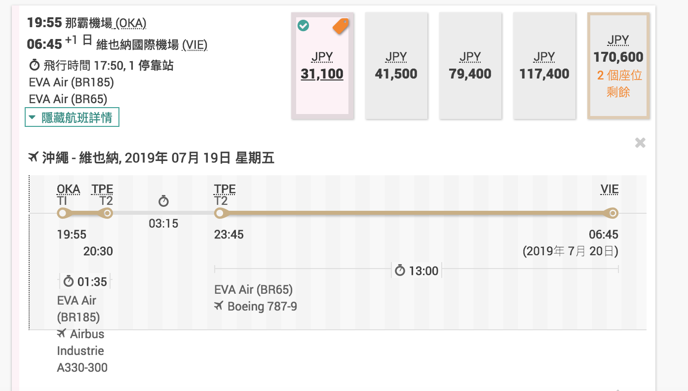 超便宜外站暑假維也納機票，經濟艙最驚喜價格，外站18K，總價約23K～可以正暑假7~8月玩歐洲～（查價：107.12.30）