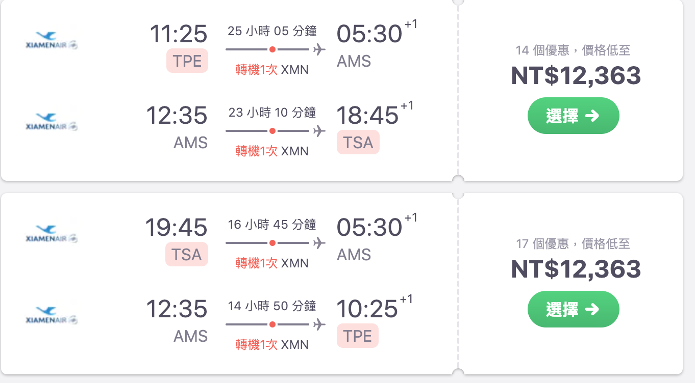 廈門航空歐洲特價一直都在，阿姆斯特丹12K起、巴黎13K起～（查票：108.2.10)