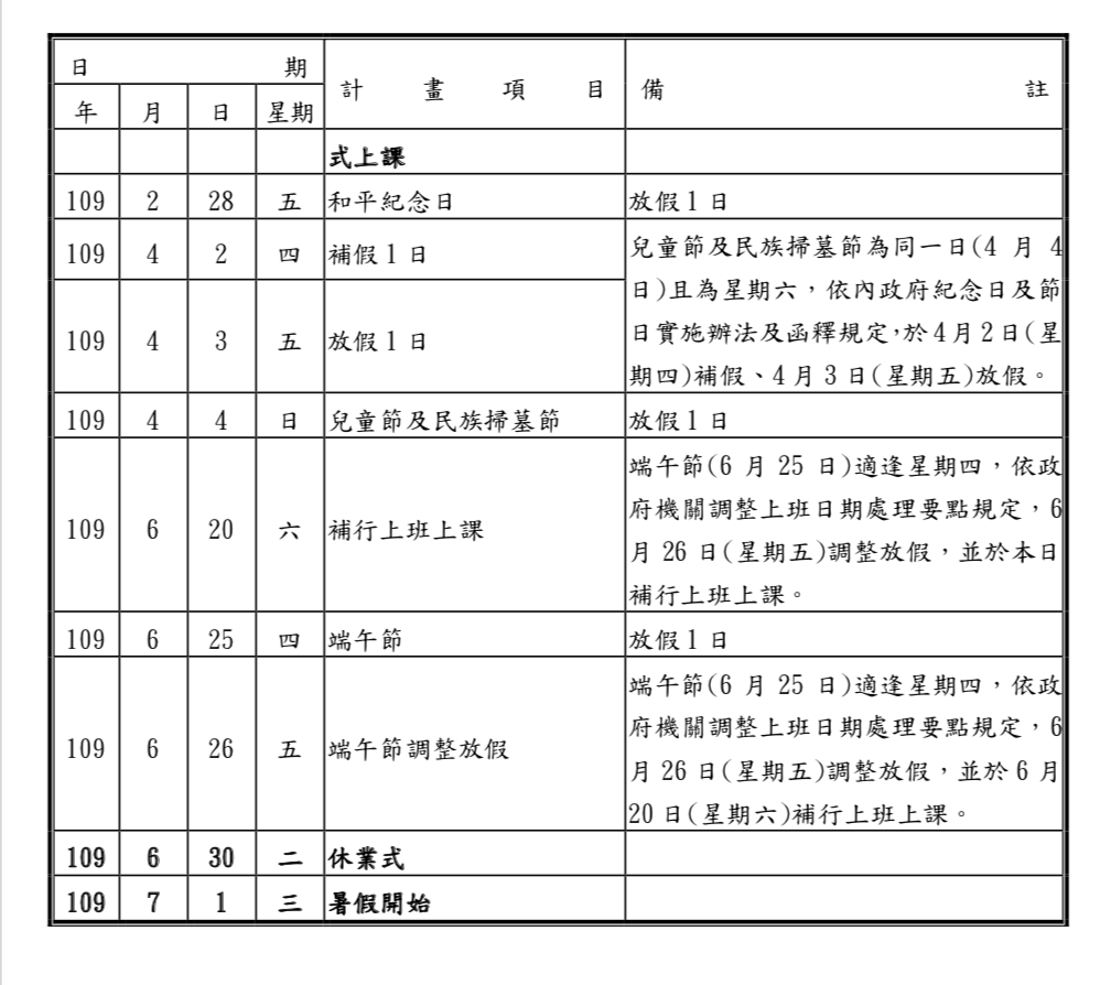 2020年行事曆/民國109年～110年中小學寒暑假/假期連假請假攻略預測～台北市中小學正式公佈108學年度行事曆（更新：2019.5.28）