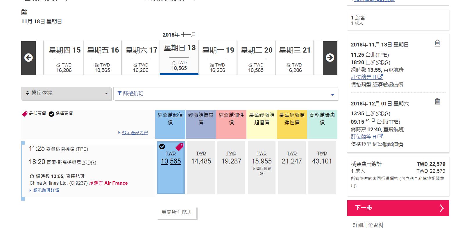 華航法航聯營，2018年最低只要19K~22K即可成行～搭法航，直飛巴黎～（查票；107.4.19）