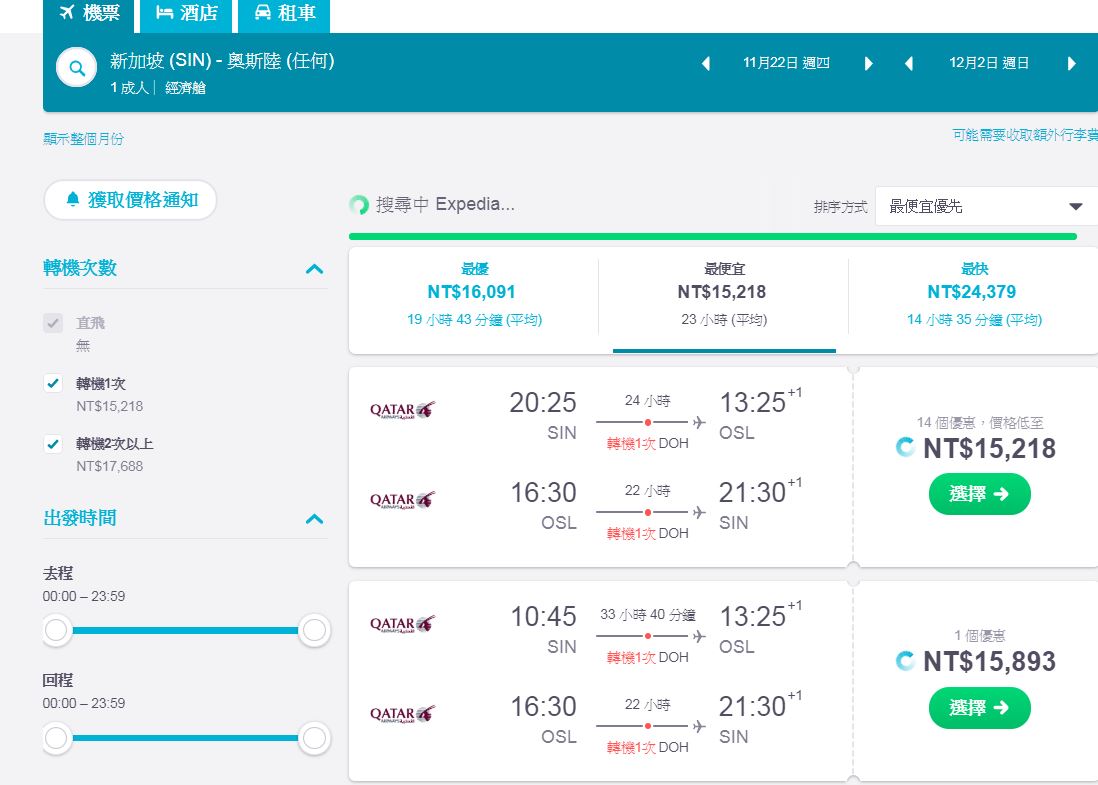 卡達外站特價，新加坡–挪威來回14K~（查價：107.6.5）