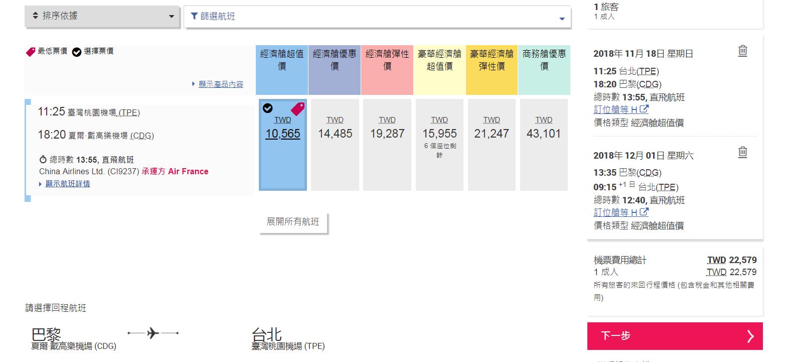 華航法航聯營，2018年最低只要19K~22K即可成行～搭法航，直飛巴黎～（查票；107.4.19）