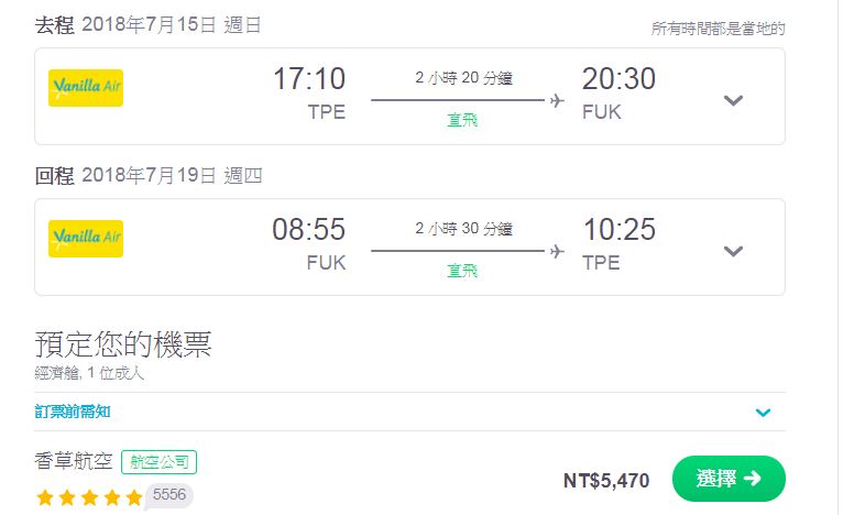 暑假目前日本線查票最低票價城市～5K不含行李可成行（查價：107.5.21）
