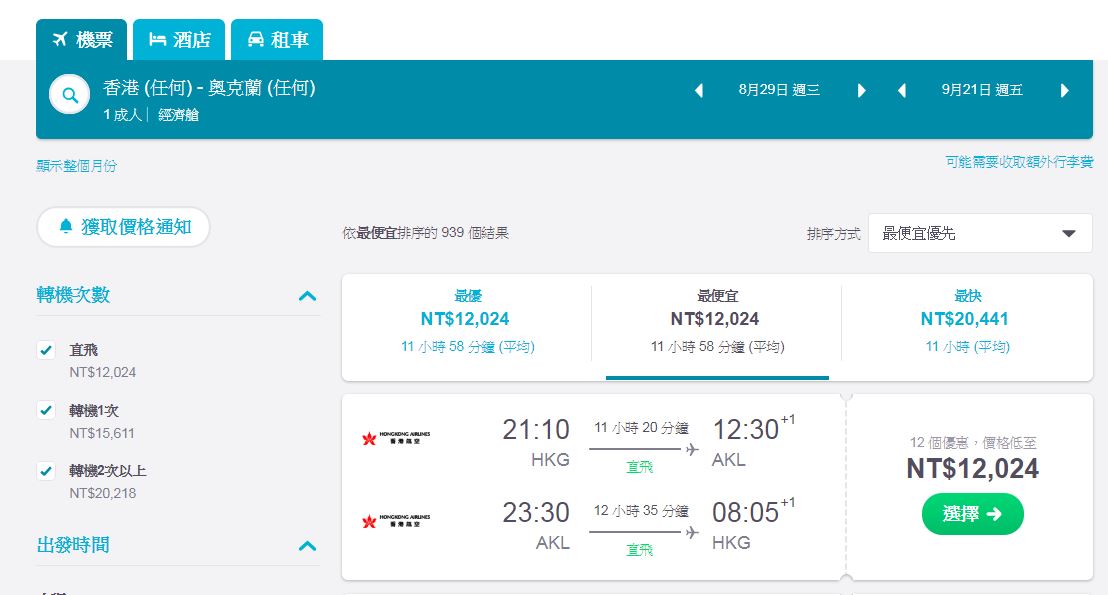 香港出發紐西蘭特價，最低12K，香港航空PK紐西蘭航空（查價：107.6.27）