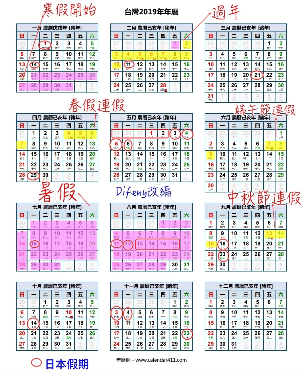 2019/108年過年假期時間，108年行事曆及預測中小學生寒暑假日期～補上日本2019假期～