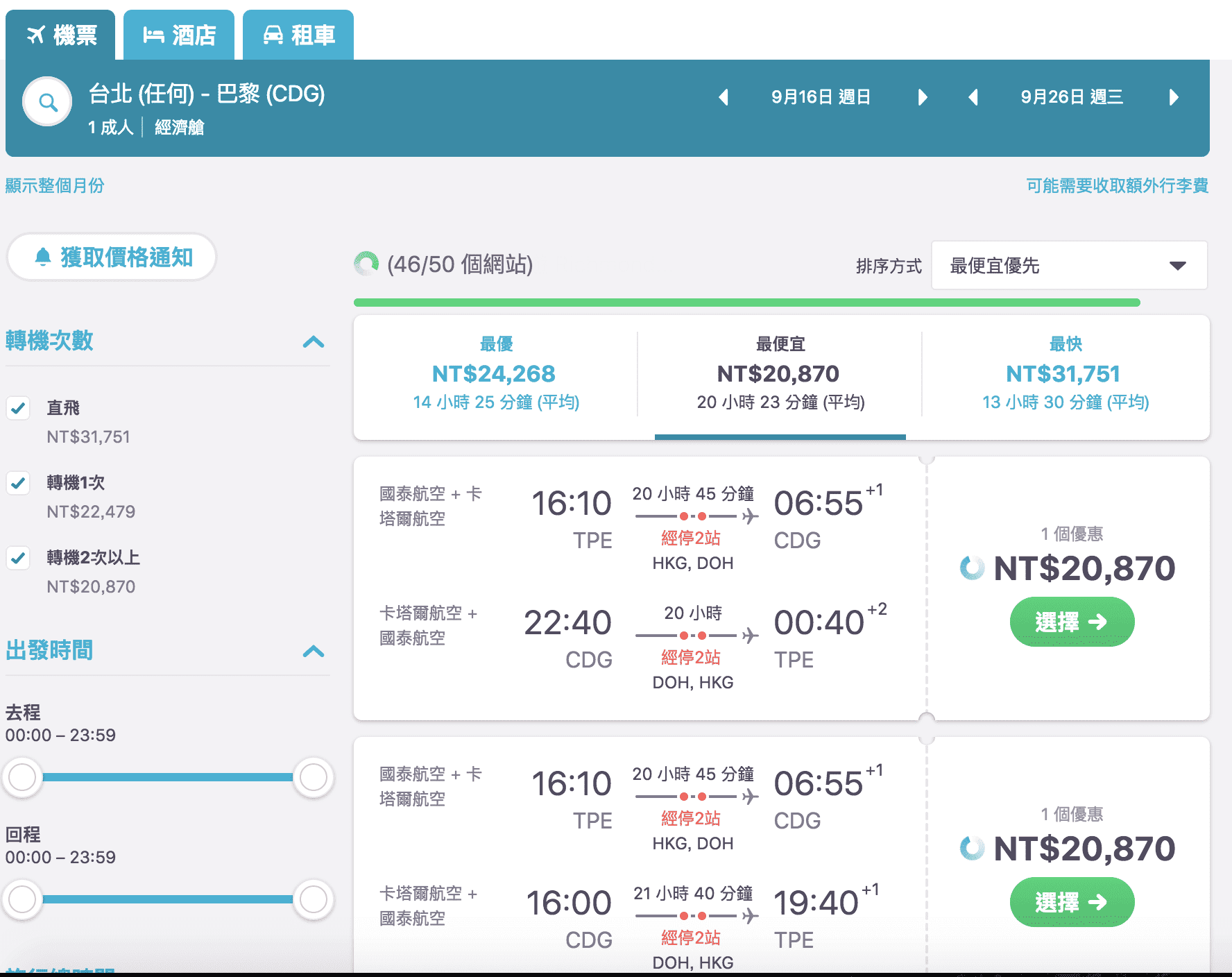 卡達促銷！台北/台中/高雄出發，不走回頭路不同點進出巴黎、倫敦促銷～（查價:107.6.26）