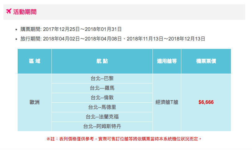 東方航空超級促銷，台北出發歐洲，含稅含兩行李，只要16K不到！區段時間限制～（查票時間：106.12.26）